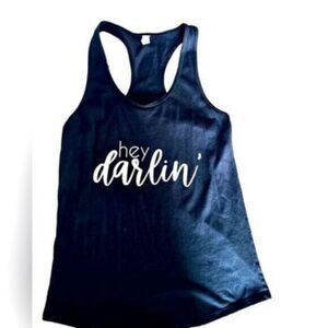 EUC - Women’s Racer Back Black Tank Tee “Hey Darlin” - Size Large